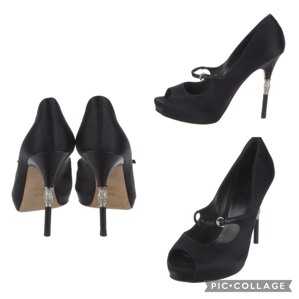 Gucci Black Satin Crystal Embellished Peep-Toe Stiletto Heels IT 37.5/US 7.5